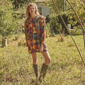 Doen Adalina dress in countryside patchwork red quilted Peter Pan collar size M